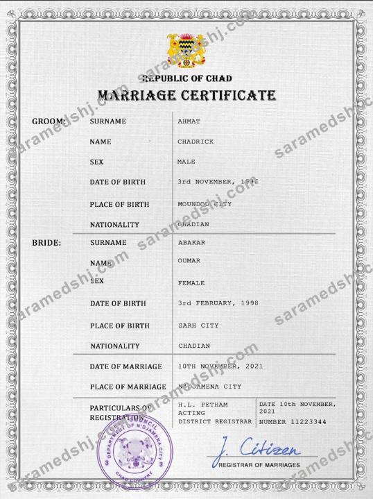 Chad marriage certificate PSD template